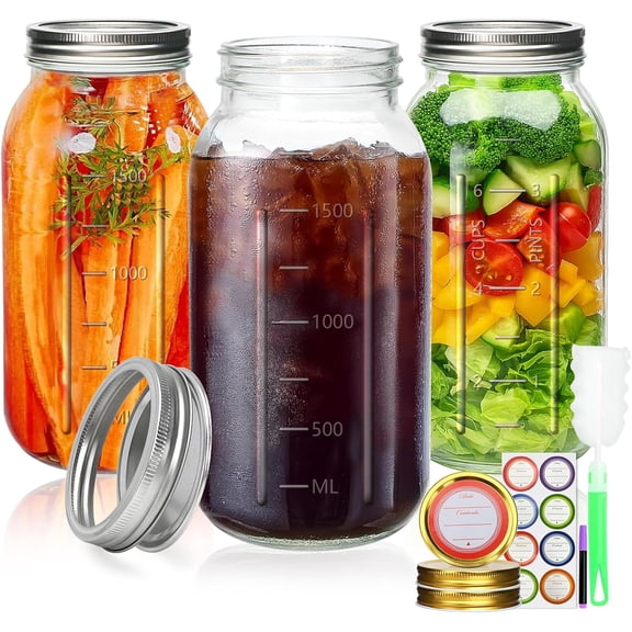 64 oz Wide Mouth Mason Jars,Large Half Gallon Mason Jar with Lid and Band,2 Quart Glass Canning Jars for Pickling,Preserving,Fermenting,Beverages,DIY Crafts,3 Pack