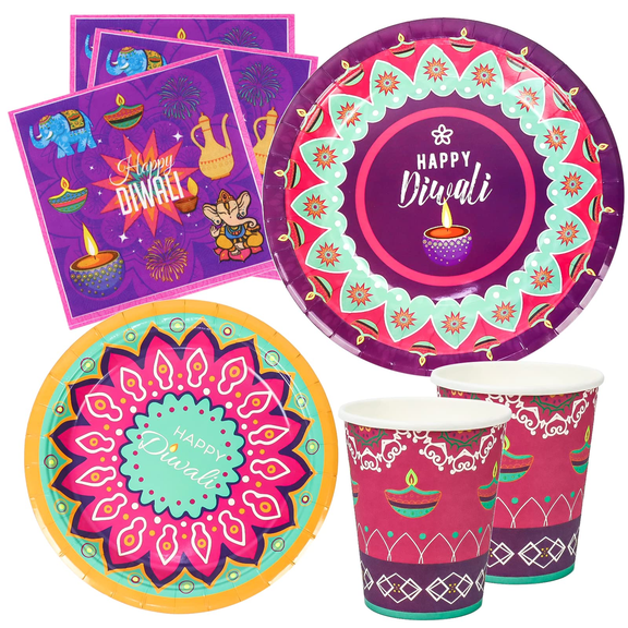64 pcs Diwali Tableware Set 16 Guestes Happy Diwali Party Supplies Decorations Set Including Disposable Paper Plates,Cups,Napkins for Diwali Lights Party