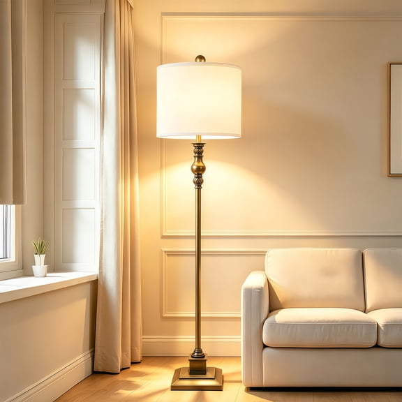 Geloran 64'' Farmhouse Floor Lamp for Living Room, Vintage Tall Standing Lamp with Linen Shade for Bedroom, Corner, Home Decor, Dark Walnut