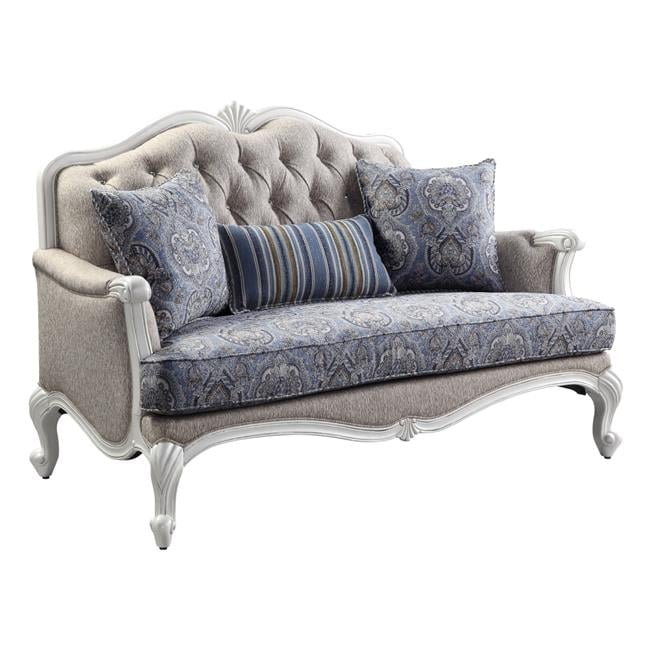 White Floral Tufted Fabric Loveseat with Wood Frame
