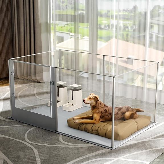 64" x 43" Extra Tall Clear Acrylic Dog Playpen – Transparent Pet Exercise Kennel with Bottom Panel & Door for Puppies, Bunnies & Small Animals