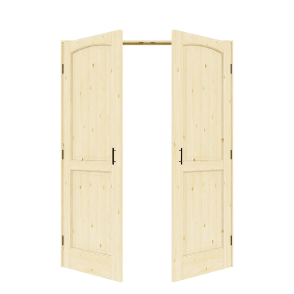 64" x 80" Arch Top Pine Wood Double Doors with French Door Ready-to-Assemble Jamb, Solid Core Interior Door, Black Ball Catch, Unfinished Knotty Wood & Ready-to-Stain