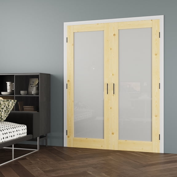 64" x 80" Frosted Glass Pine Wood Double Doors with French Door Ready-to-Assemble Jamb, Solid Interior Door, Black Ball Catch, Unfinished Knotty Wood & Ready-to-Stain