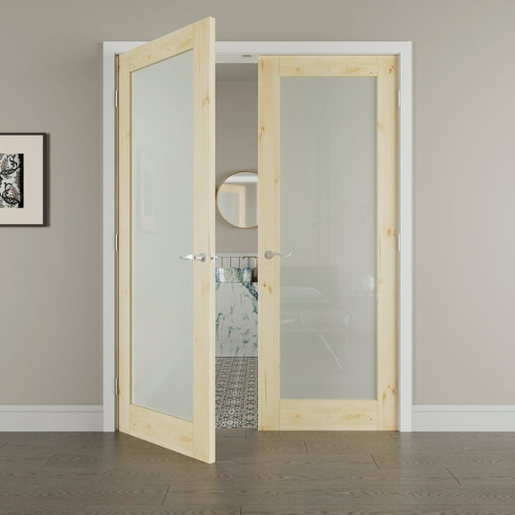 64" x 80" Frosted Glass Pine Wood Double Doors with French Door Ready-to-Assemble Jamb, Solid Interior Door, Silver Levers & Hinges, Unfinished Knotty Wood & Ready-to-Stain