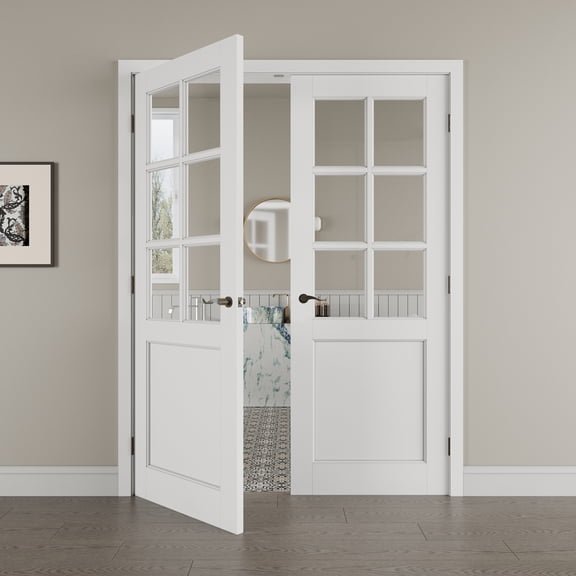 64" x 96" 6-Lite Clear Glass Double Doors with French Door Ready-to-Assemble Jamb, Solid Door, Black Levers & Hinges, Interior Door, Pre-finished & Paintable, White