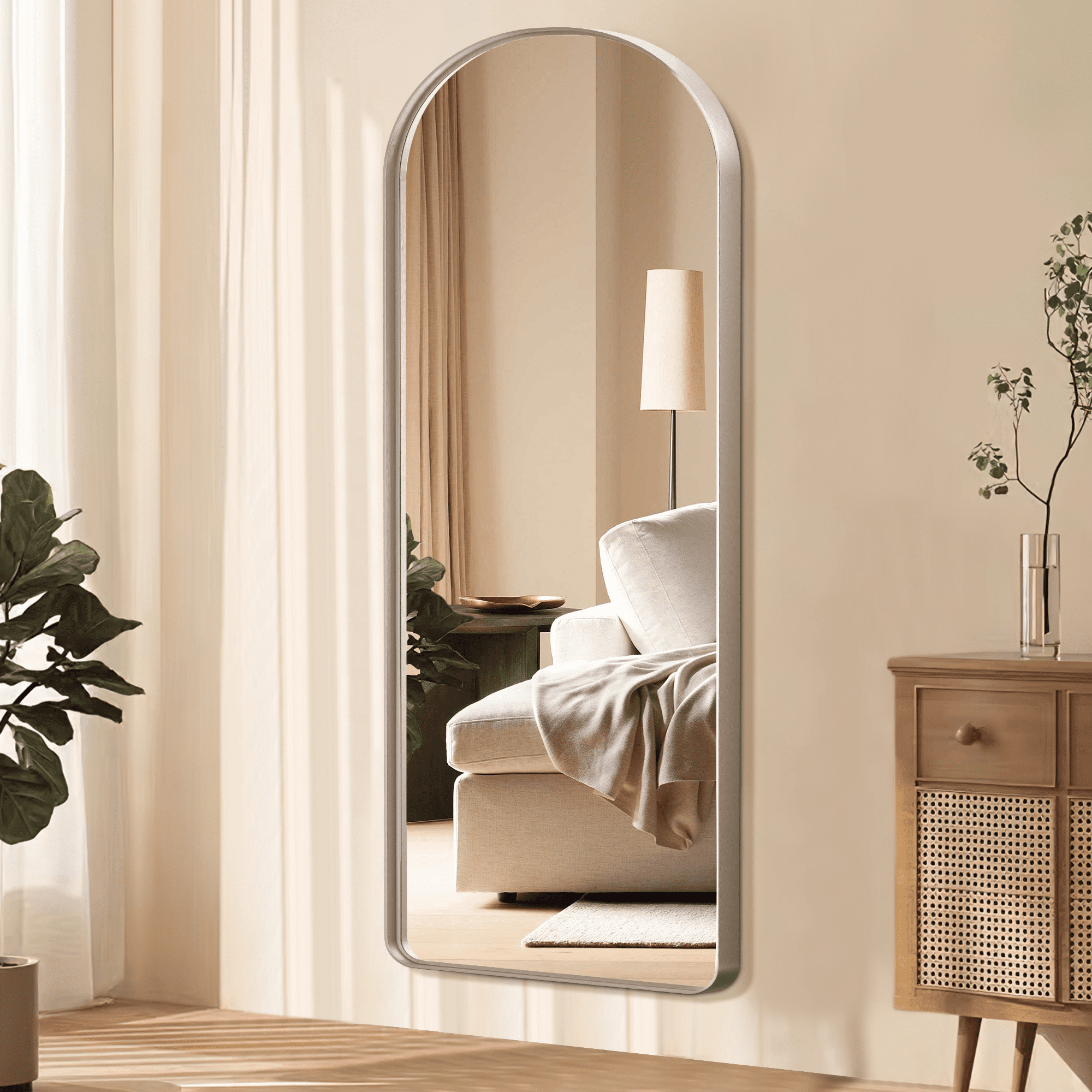 64"x21" Aluminum Alloy Wall Mount Rounded Corner Arched Mirror,Silver Vertical hanging without bracket