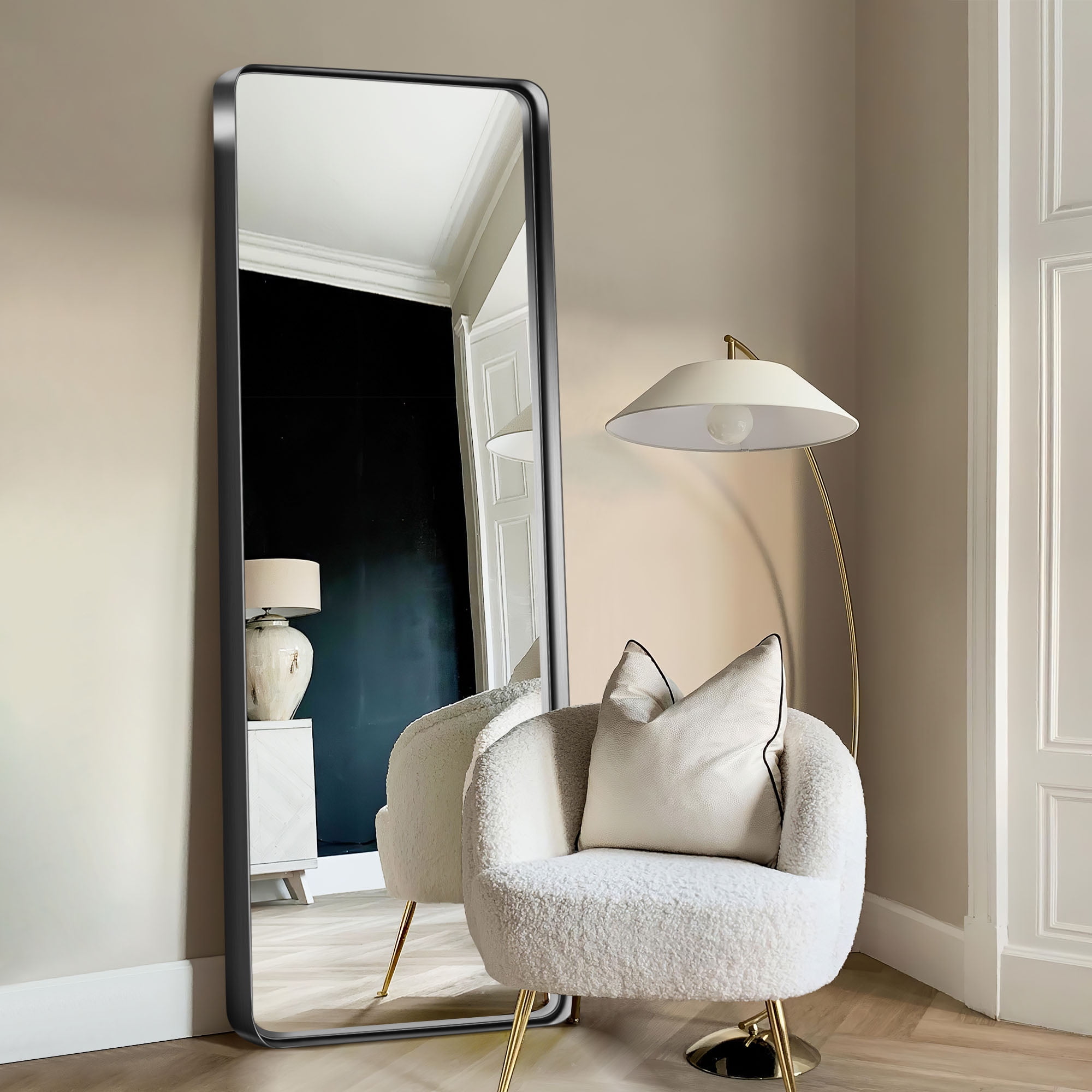 64"x21" Aluminum Alloy Wall Mount Rounded Corner Rectangular Mirror,Black no stand