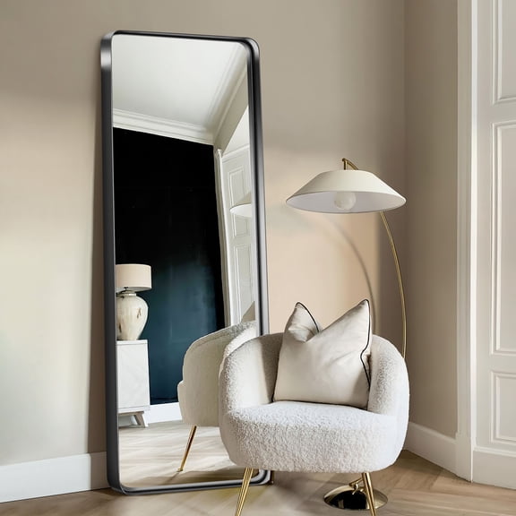 64"x21" Aluminum Alloy Wall Mount Rounded Corner Rectangular Mirror,Black no stand