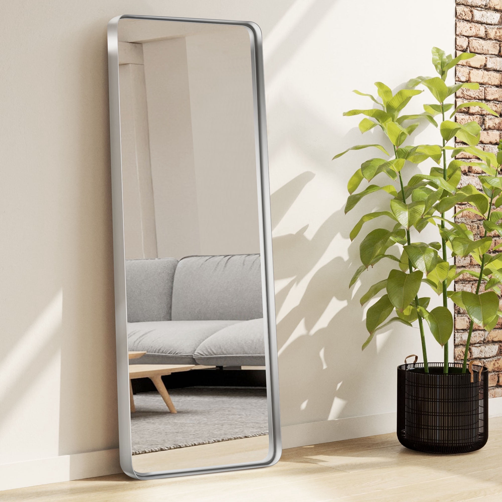 64"x21" Aluminum Alloy Wall Mount Rounded Corner Rectangular Mirror,Silver no stand