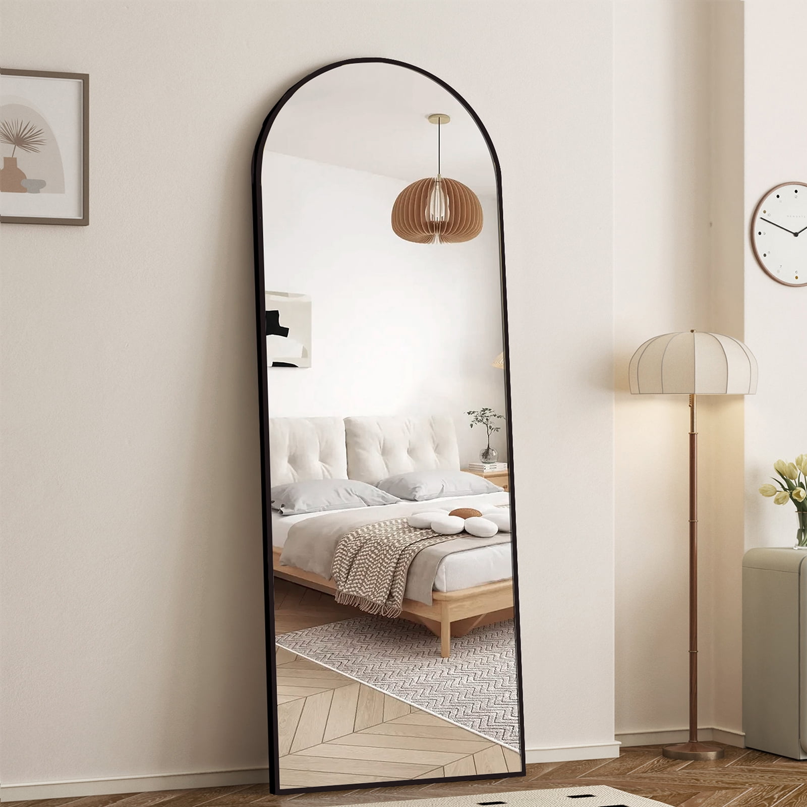 Arched Black Full Length Floor Mirror with Wood Frame
