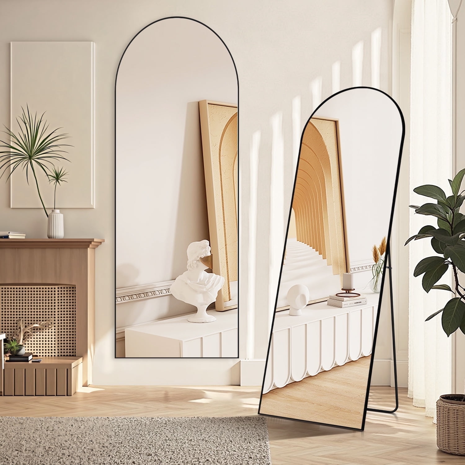 Arched Black Full Length Floor Mirror with Wood Frame