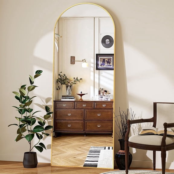 64"x21" Arched MMIRROR FULL LENGTH, Standing Floor Mirror, Wall Mounted Mirror with Aluminum Frame - for Standing, Leaning or Hanging, for Living Room Dressing Room, Gold
