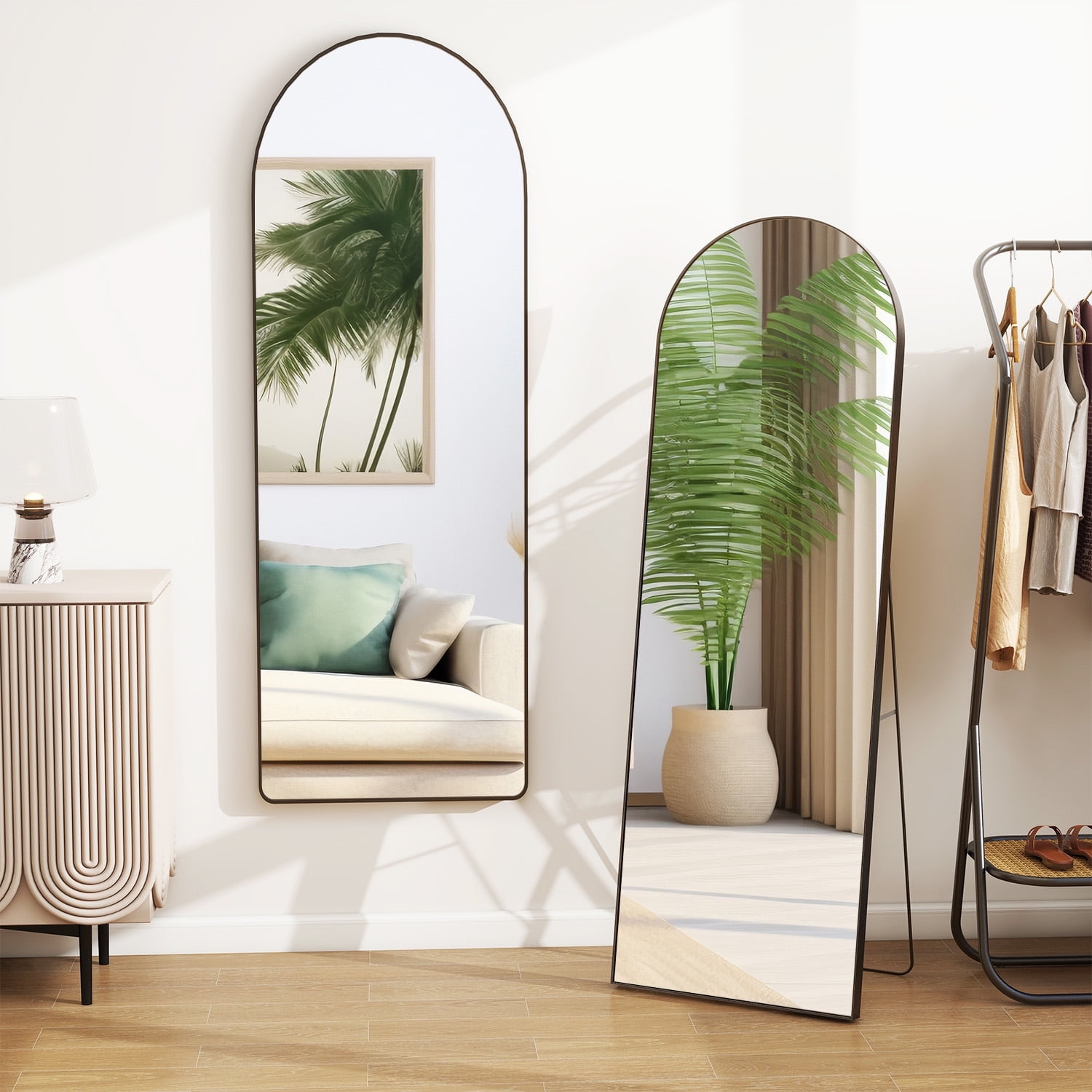Black Arched Aluminum Full Length Mirror with Stand, 64" x 21"