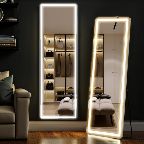 64"x21" Floor Mirror with LED Light, Full Length Mirror with Stand, Hanging Mirror Wall Mounted Mirror with Dimming & 3 Color Lighting