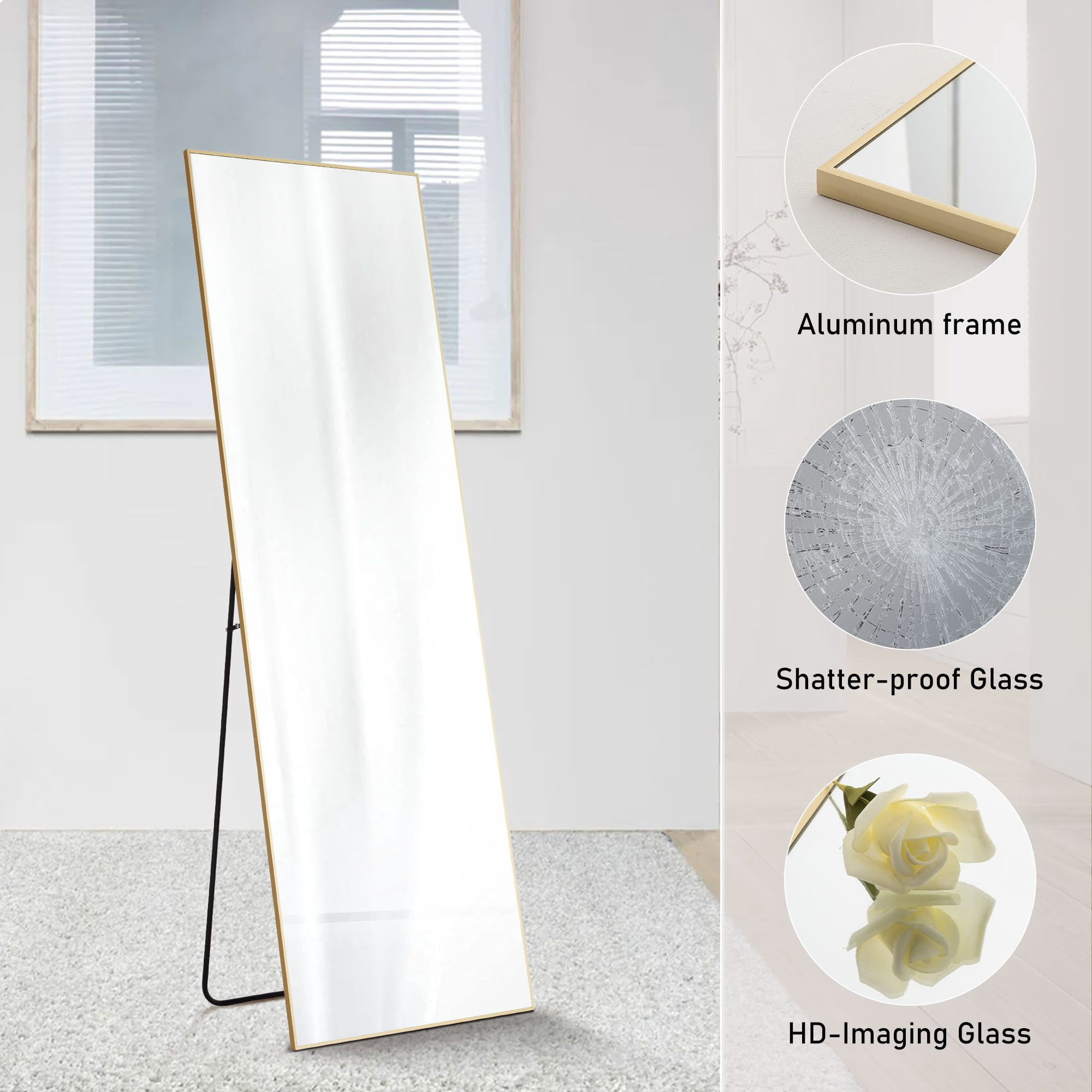 64"x21" Full Body Wall Mirror Standing Hanging or Leaning Wall-Mounted Mirrors with Stand Aluminum Alloy Frame Living Room