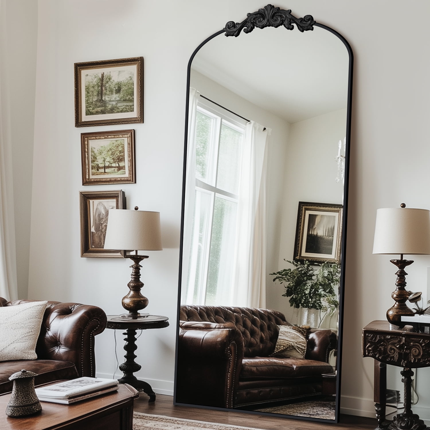 64"x21" Vintage Arched Full-Length Mirror with Carved Metal Frame ...