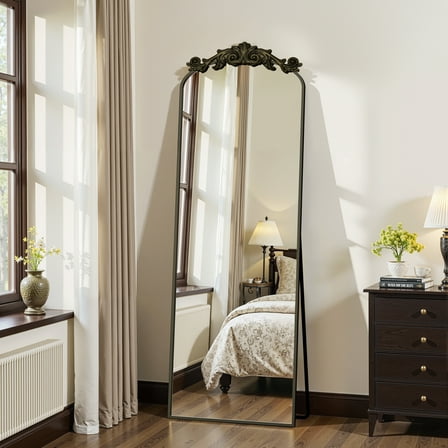 Antok 64"x21" Vintage Arched Full-Length Mirror with Carved Metal Frame, Baroque-Style, Bronze
