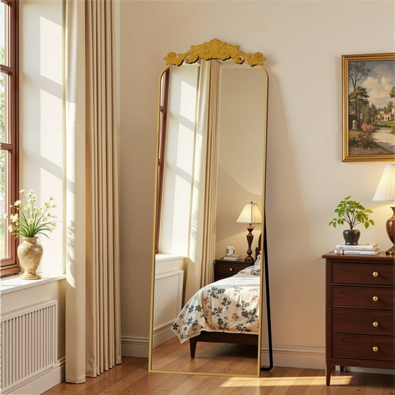 Antok 64"x21" Vintage Arched Full-Length Mirror with Carved Metal Frame, Baroque-Style Floor Mirror for Living Room, Bedroom, Entryway or Hallway Decor, Gold
