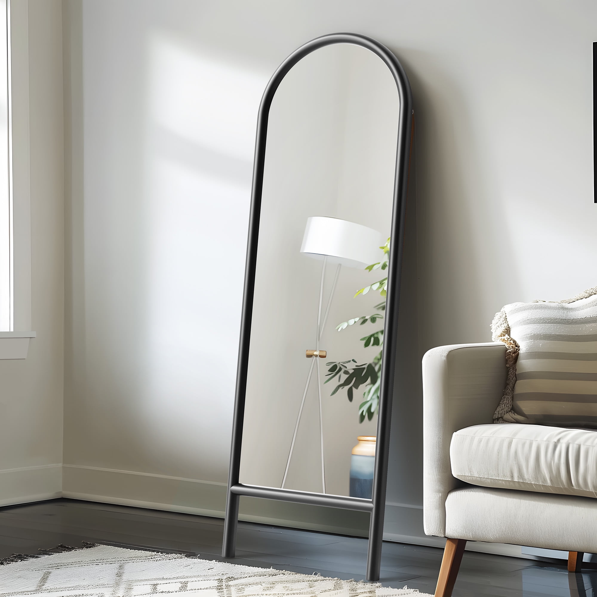 64"x21" Wood Ladder Arched Floor Mirror Full Length Mirror,Black