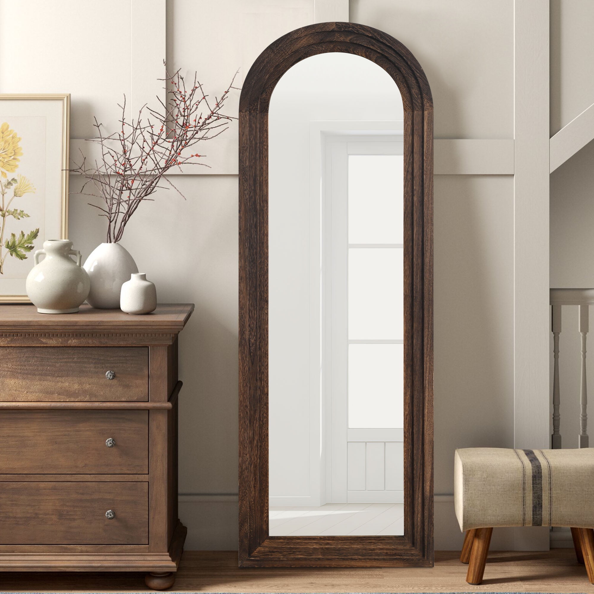 64"x21" Wood Ladder Arched Floor Mirror Full Length Mirror,Charcoal