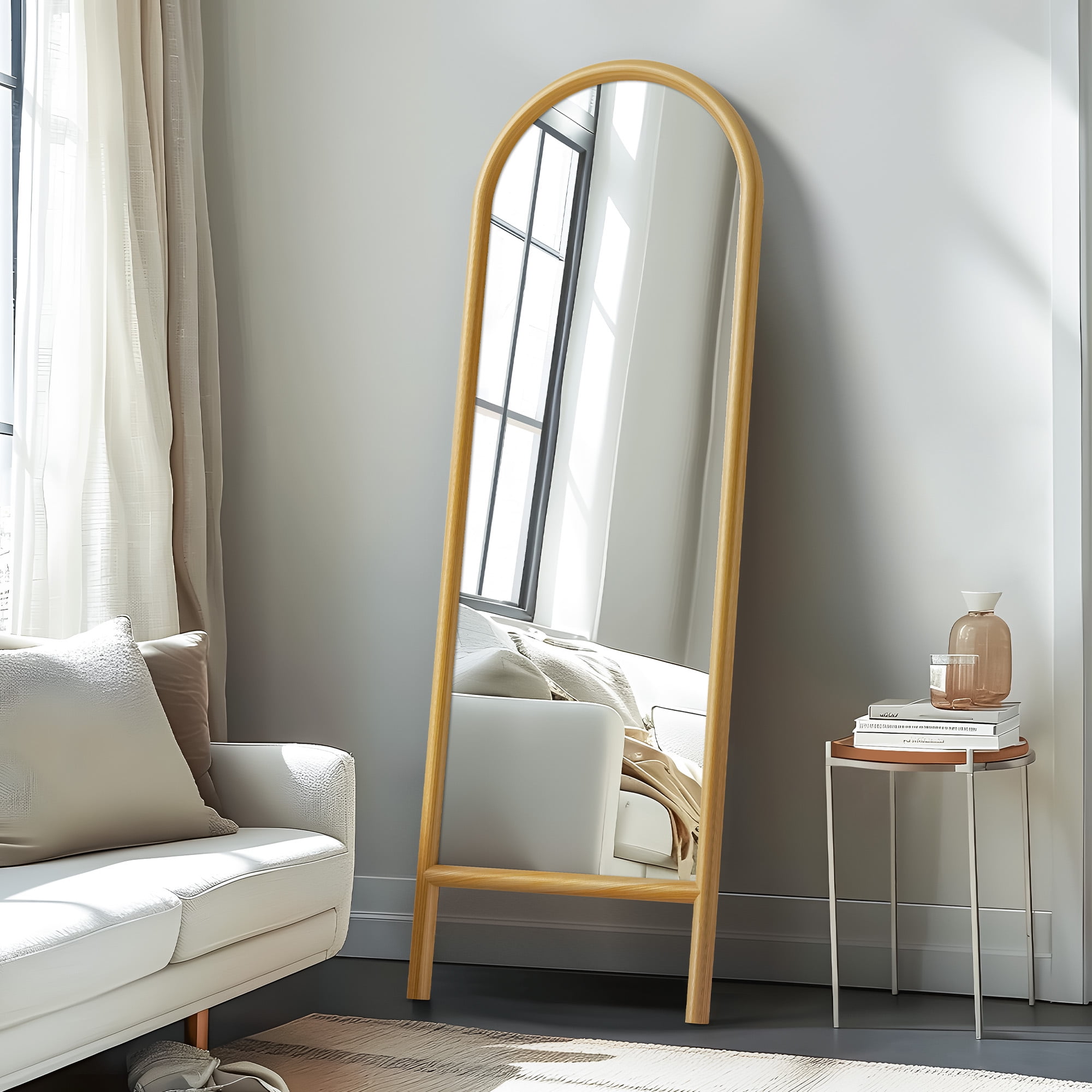 64"x21" Wood Ladder Arched Floor Mirror Full Length Mirror,Natural Color