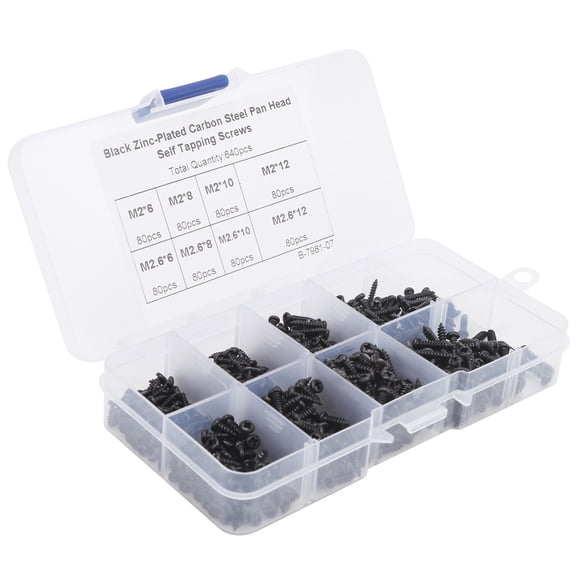 640 Pcs Pan Head Tapping Screws Set, Black Carbon Steel Fastener Assortment Kit for Furniture and DIY Projects