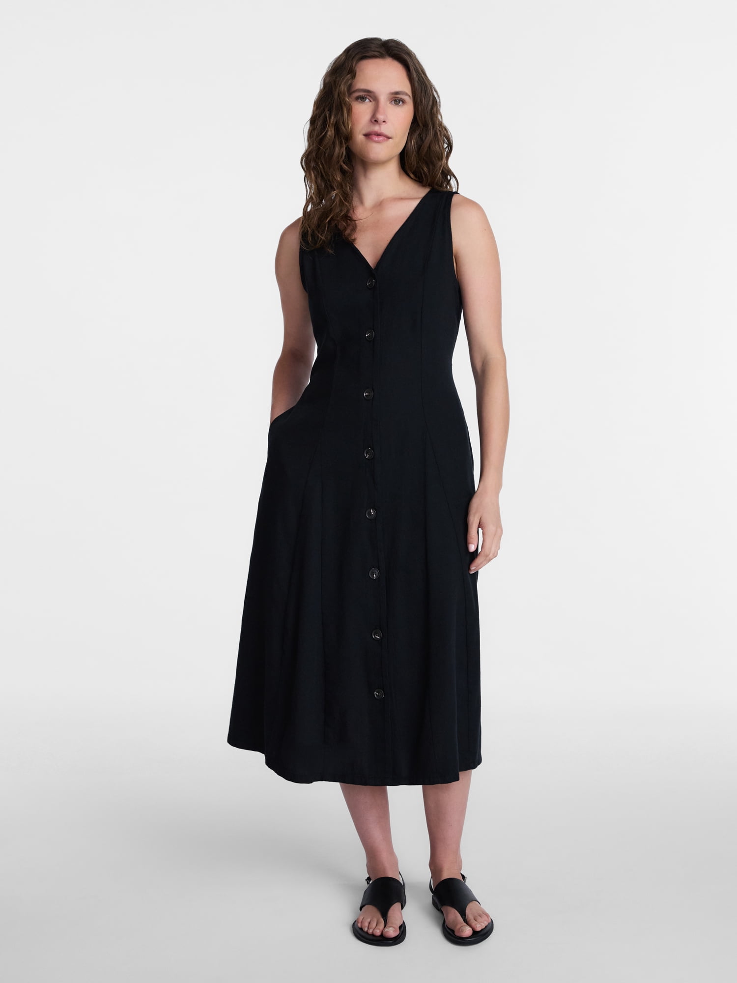 midi fit and flare sleeveless black triangle neck cocktail dress Black Midi Cocktail Dress: Sleeveless Fit & Flare A-line