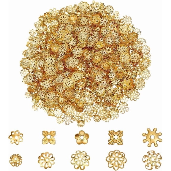 640pcs 12 Styles Spacer Beads Caps Bulk Golden Flower Bead Caps Metal Filigree Flower Spacer Beads Alloy Jewelry Bead End Cap for Bracelet Necklace Earrings Jewelry Making Supplies