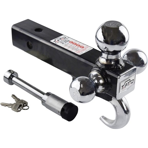 64180L Trailer Receiver Hitch Triple Ball Mount with Hook, Fits for 2 inch Receiver, Chrome Balls, 2 inch Shank, with 5/8 inch Lock