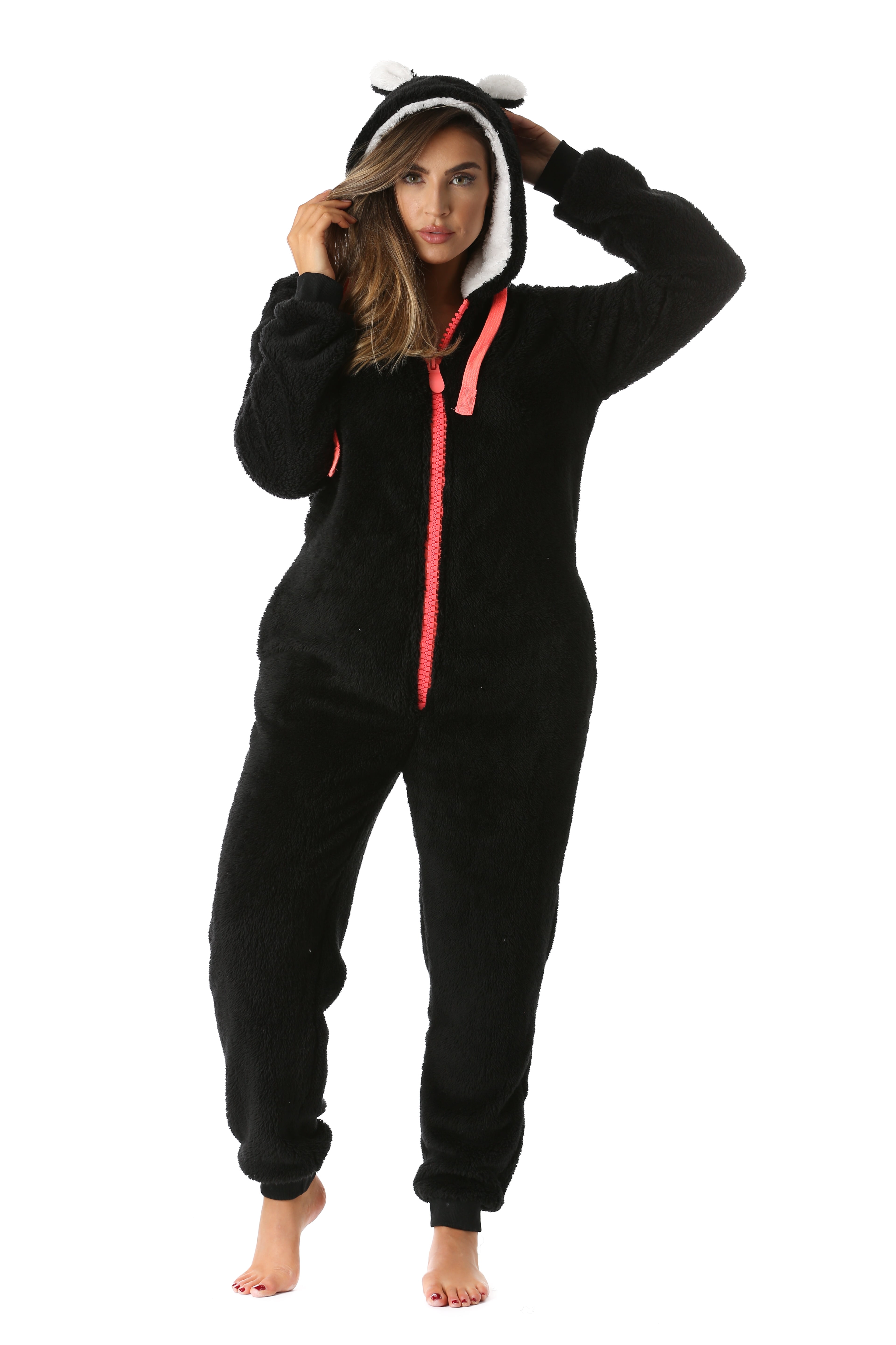 6441 ROY L #followmeOnesie with Animal Ears (Black / Neon Coral