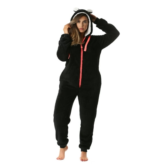 6441-ROY-S #FollowMe Adult Onesie with Animal Ears (Black / Neon Coral, Small)