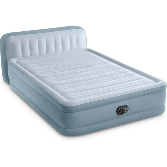 64449ED Dura-Beam Deluxe Plush Air Mattress with Headboard: Fiber-Tech - Queen Size Built-in Electric Pump 18in Bed Height 600lb Weight Capacity