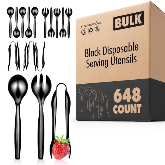 648 Count Disposable Serving Utensils, Black Plastic Serving Utensils Set for Catering Weddings, Holiday Parties, and More, Disposable Serving Spoons for Buffet, Party Utensils, Stock Your Home