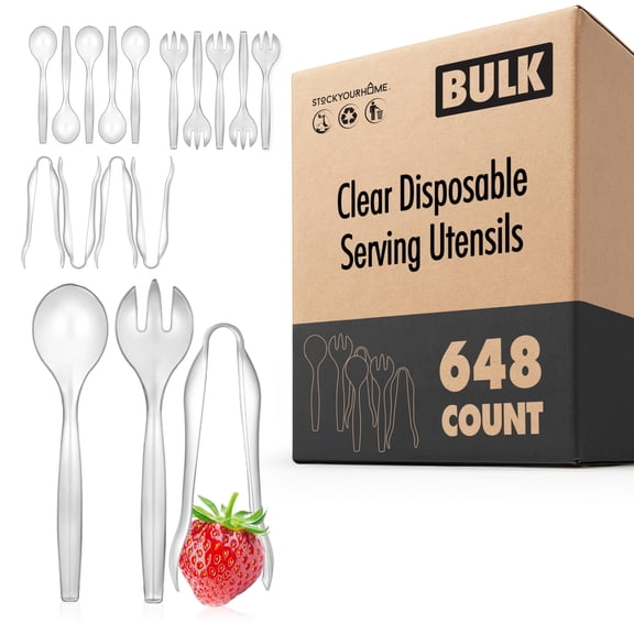 648 Count Disposable Serving Utensils, Clear Plastic Serving Utensils Set for Catering Weddings, Holiday Parties, and More, Disposable Serving Spoons for Buffet, Party Utensils, Stock Your Home