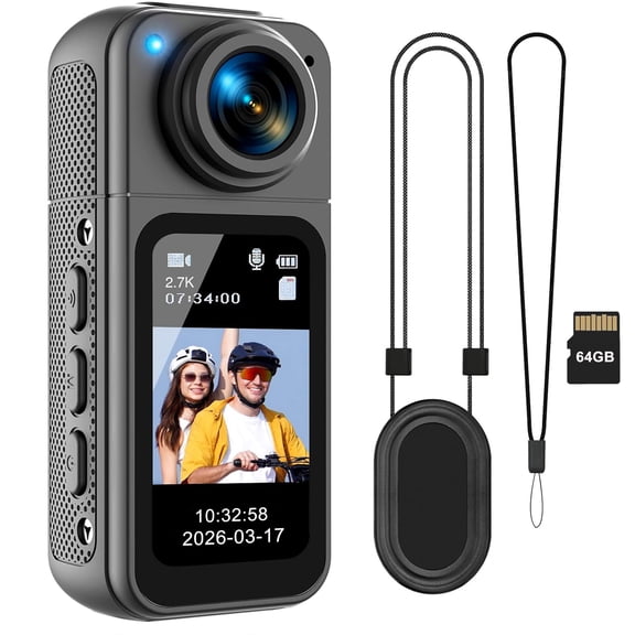 64G Mini Body Camera, Wearable Action Body Cam with 180° Rotating Lens Audio & Video- Thumb Hands Free Waterproof Recording Wearable Cameras - for Work Travel Pet Walk Swim(Black)
