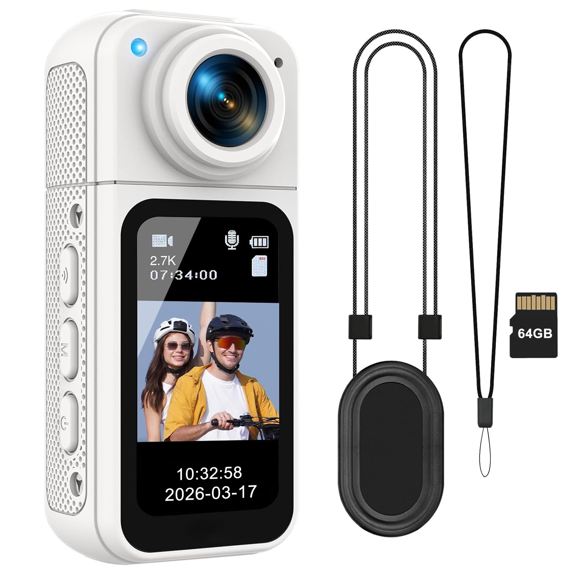 64G Mini Body Camera, Wearable Action Body Cam with 180° Rotating Lens Audio & Video- Thumb Hands Free Waterproof Recording Wearable Cameras - for Work Travel Pet Walk Swim(White)