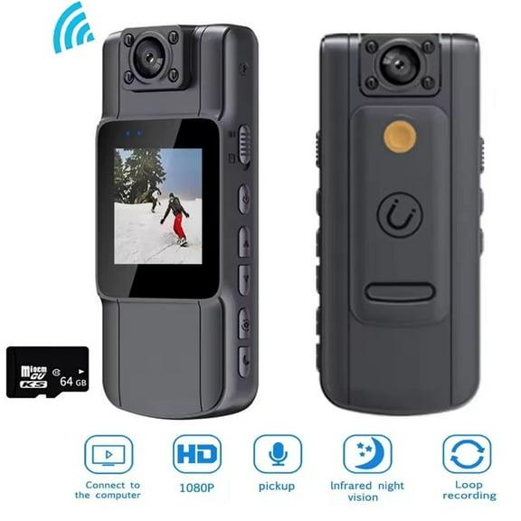64GB 180 Rotate Mini Body Camera, 1080p Wearable Camcorder with Night Vision, Long Battery Life Audio Video Camera for Daily Records DVR DV Audio Video Record Support