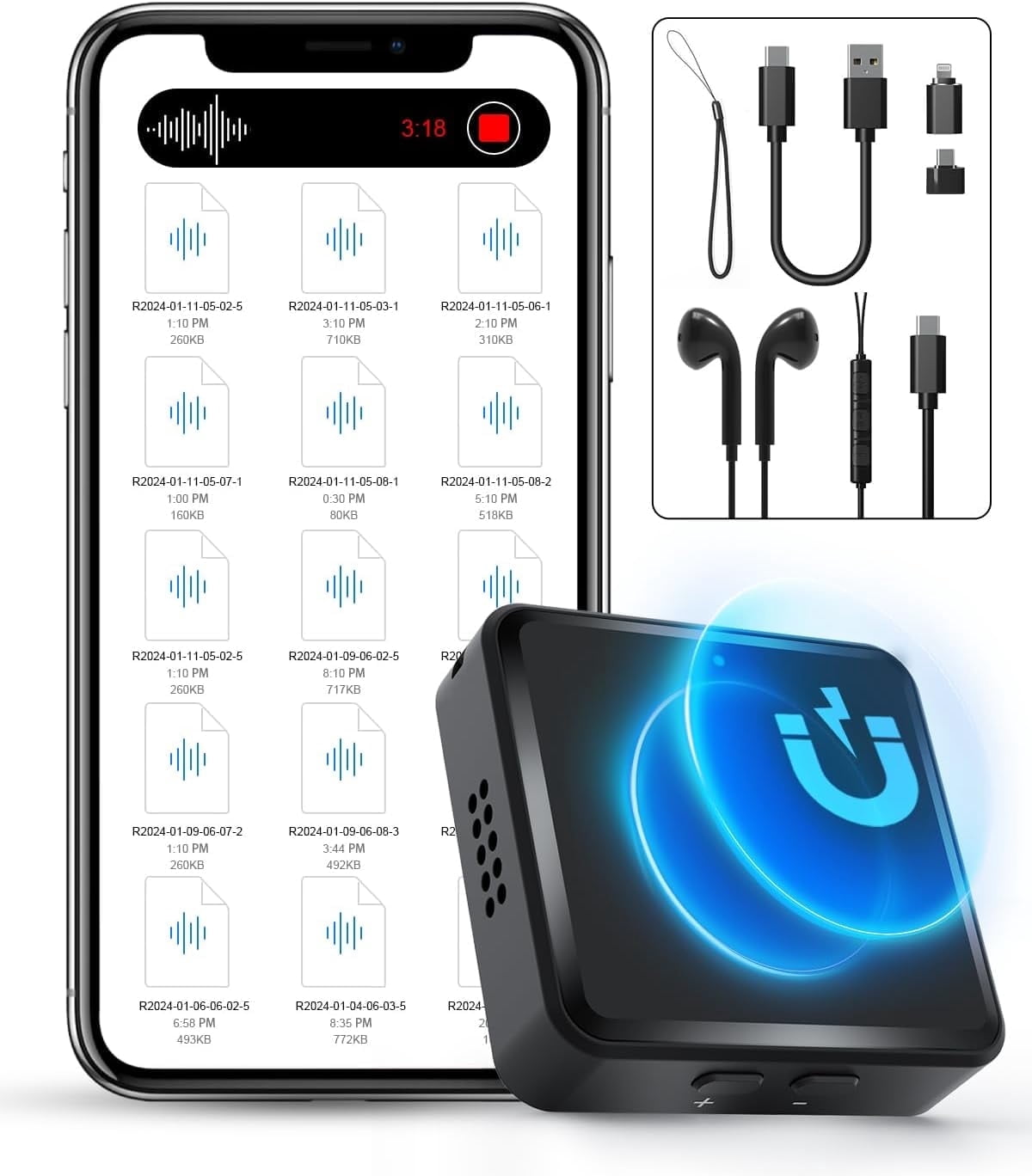 64GB (800 Hour) Digital Voice Activated Recorder with AI-Triple Noise Reduction, USB-C Magnetic Audio Recorder,Portable HD Microphone Sound Recording Device for Lectures Meetings Interviews