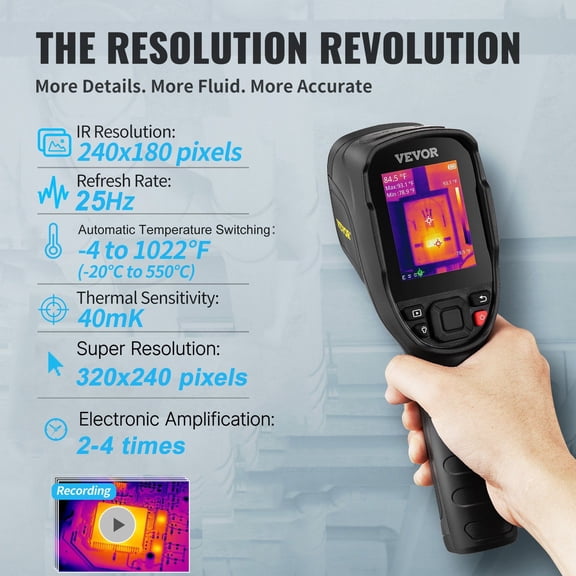 64GB Built-in Thermal Camera with IR/Visual Dual Imaging, 240x180 IR Resolution, Wide Temp Range -4°F~1022°F