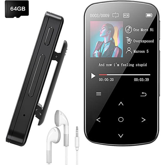 64GB Clip MP3 Player with Bluetooth, Sport Music MP3 MP4 Player with FM Radio and Voice Recorder, 1.5in IPS Screen Portable MP3 Player, Earphones Included