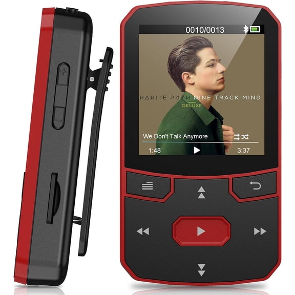 64GB Clip-On MP3 Player with Bluetooth 5.3 Auto-Reconnect, Simple Button Controls for Running & Sports, Resume Playback, FM Radio, Voice Recorder, Sleep Timer, Supports 128GB Micro SD Card, Red