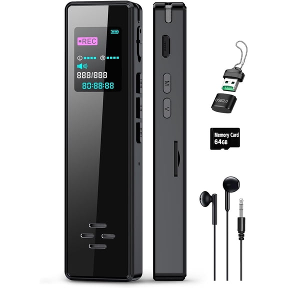 64GB Digital Audio Voice Recorder for Lectures Meetings, Voice Activated Tape Recorder with Playback Dictaphone Sound Recorder Recording Device, Noise Reduction, MP3 Player