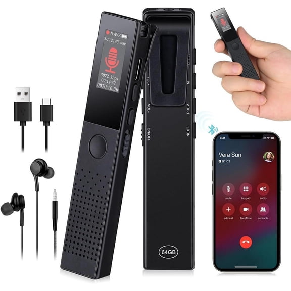 64GB Digital Voice Recorder - Bluetooth Playback, 3072KBPS Voice Activation, Password Protection - Ideal for Lectures, Meetings, Interviews.