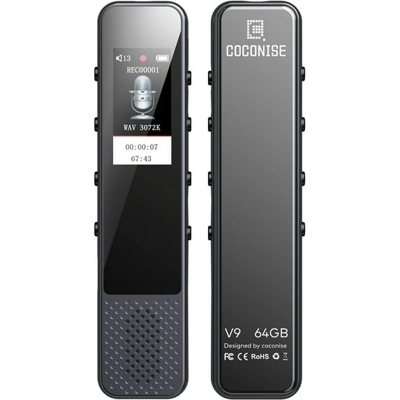 64GB Digital Voice Recorder, COCONISE Audio Recorder with 3072Kbps HD Recording, Voice Activated Recorder for Lecture with MP3 Player, A-B Loop Playback, Password, Accelerate Function