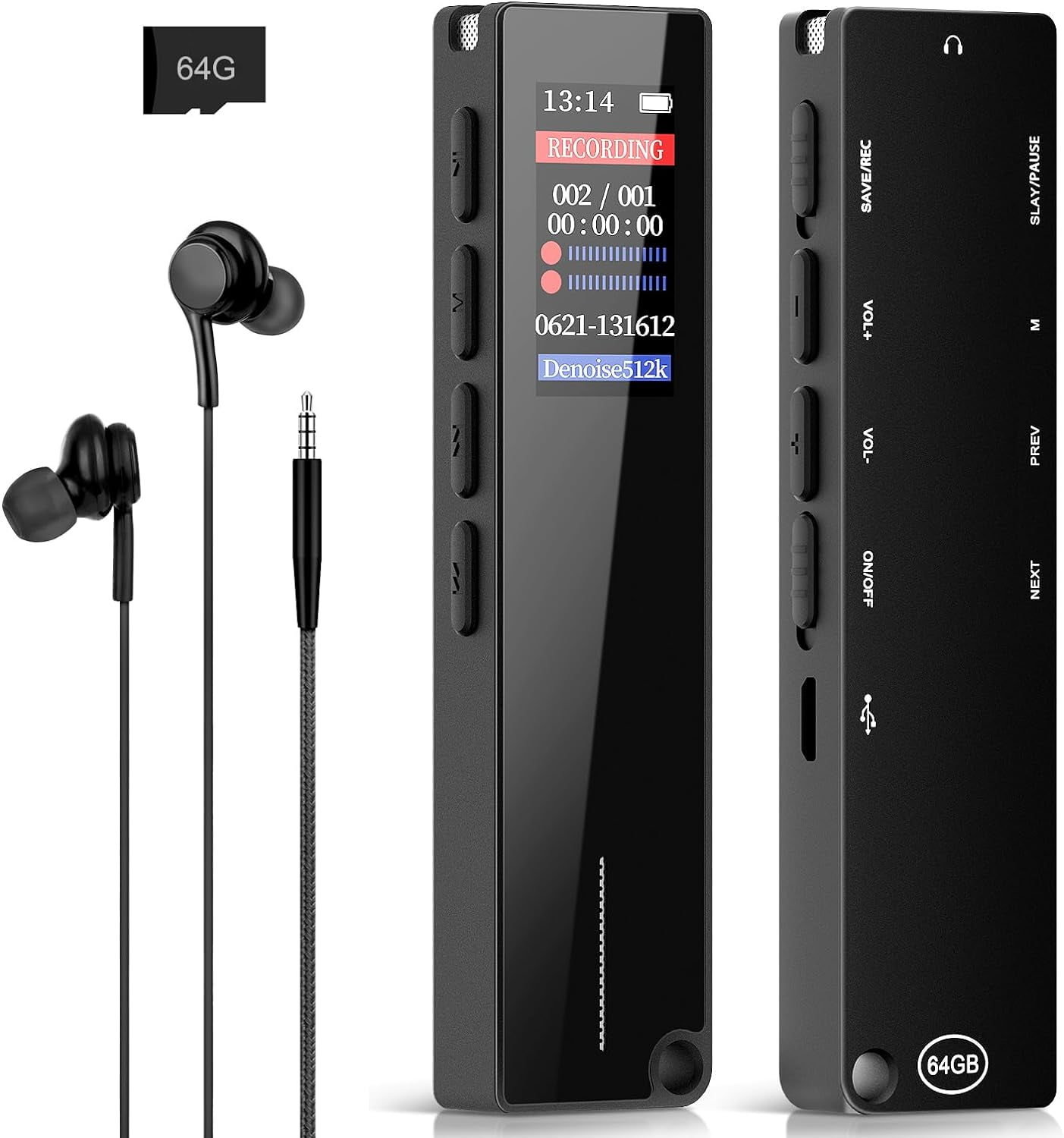 64GB Digital Voice Recorder with Playback, DualMicrophone Noise