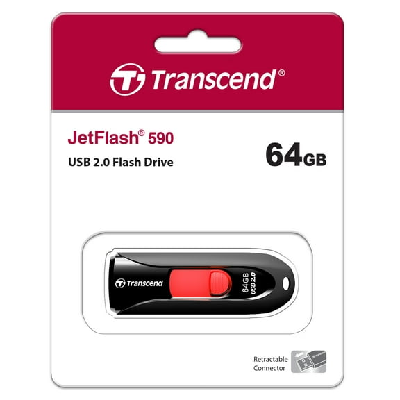 Transcend 64GB JetFlash 590 USB 2.0 Flash Drive - 64 GB - USB 2.0 - Red - Lifetime Warranty