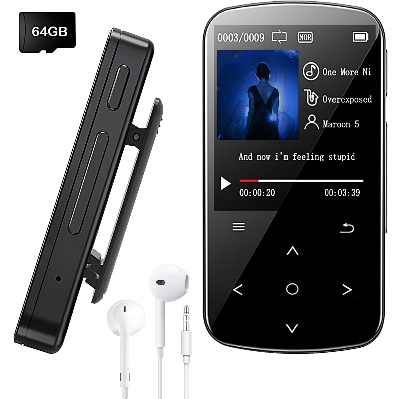 64GB MP3 Player with Bluetooth 5.2, Colorful Screen Sensitive Touch Button, Hi-Fi Music Player with Clip Pedometer Voice Recorder Card Reader, Ideal for Sport