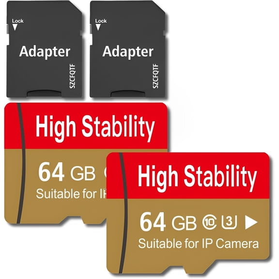 64GB Micro Memory SD Card TF U3 V30 C10 4K UHD High Stability for Security Camera/Dash cam/Tablets/Gaming Consoles/Drone with Adapter (2 Packs)