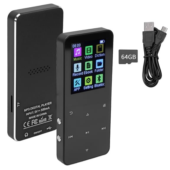 64GB MP3 Player with Bluetooth, Portable Music Player with Built-in HD Speaker, Voice Recorder, HiFi Sound, Photo Viewer, E-Book, Supports Expanded Up to 128GB, Black