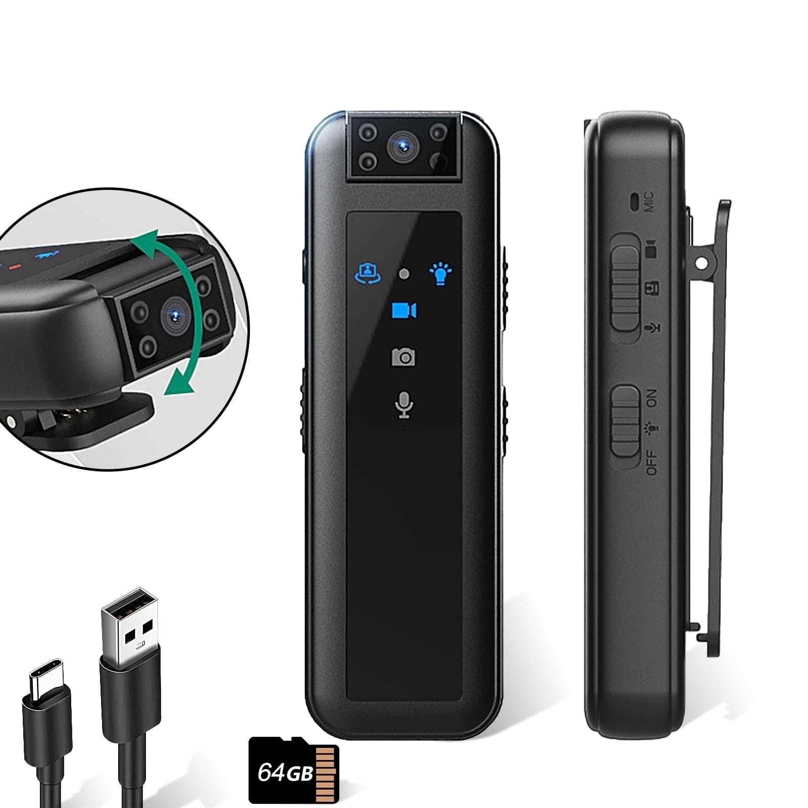 64GB Wearable Mini Body Camera - HD 1080P 180° Rotate Camcorder with ...